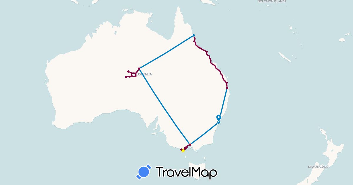 TravelMap itinerary: driving, voiture / car, avion / plane in Australia (Oceania)