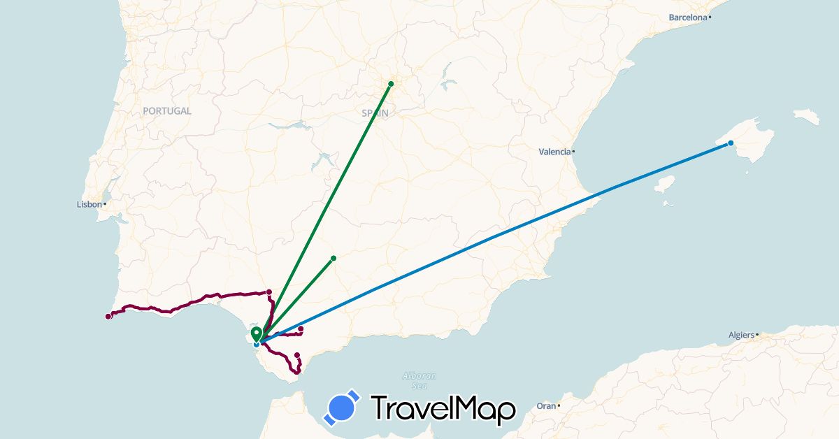 TravelMap itinerary: voiture / car, avion / plane, train in Spain, Portugal (Europe)